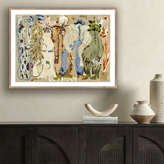 Framed abstract painting displayed above a dark wood credenza with modern ceramic vases, styled as part of Denver Modern’s Wall Art collection for contemporary home interiors.