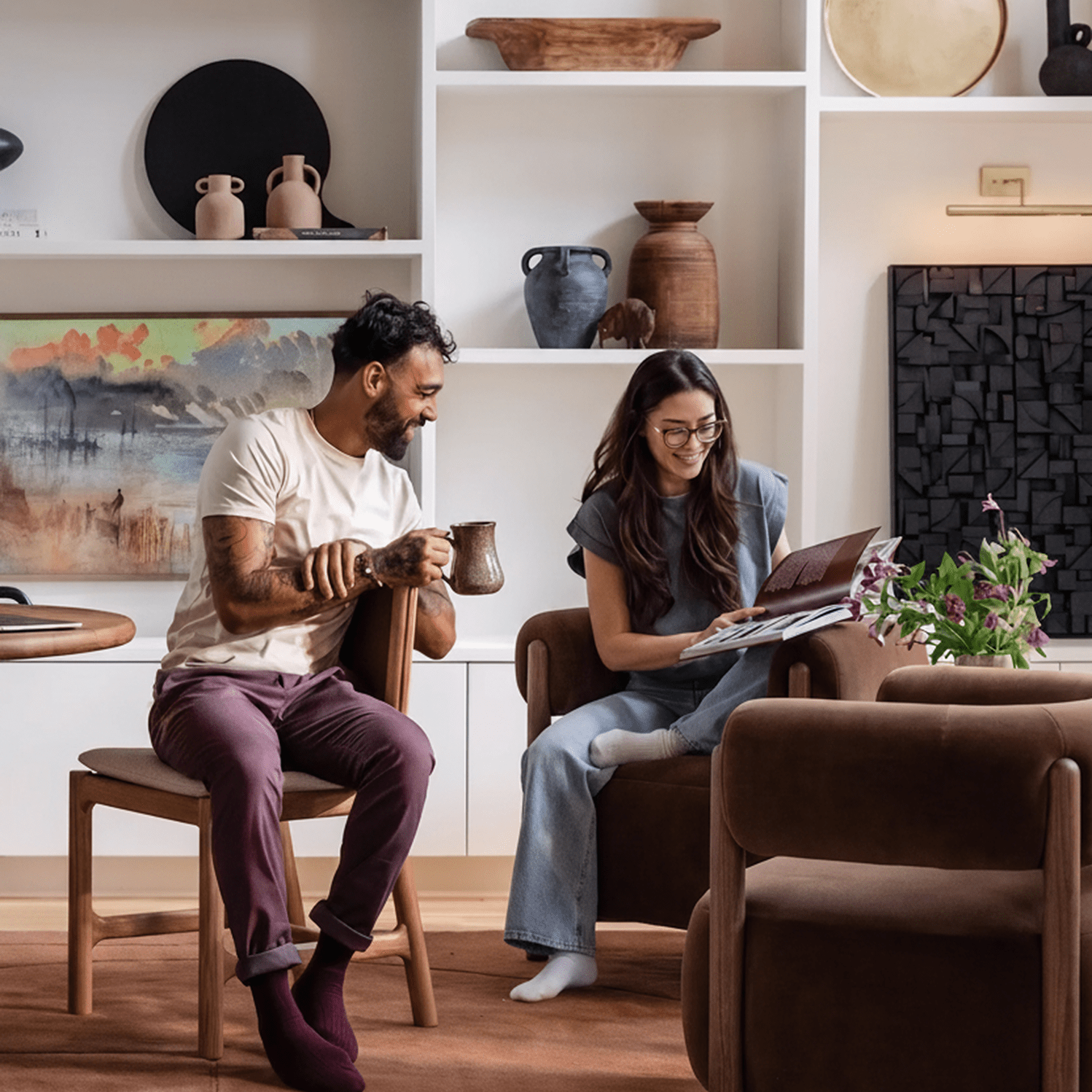 A man and woman having coffee together