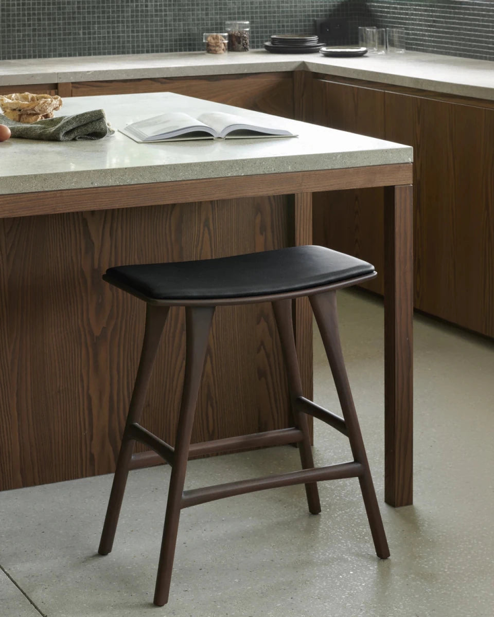Brown Teak / Black Leather / Counter Height (26")