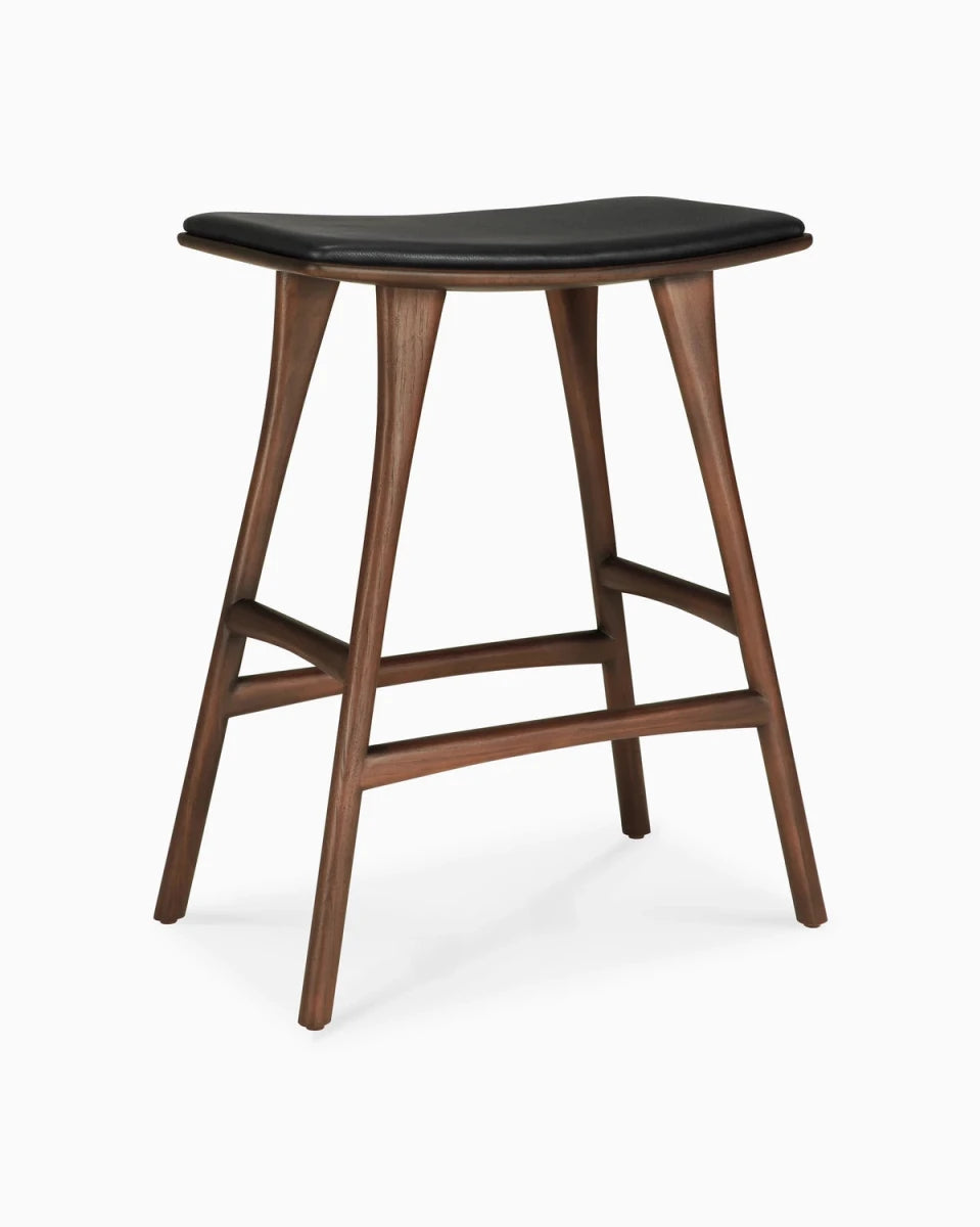 Brown Teak / Black Leather / Counter Height (26")
