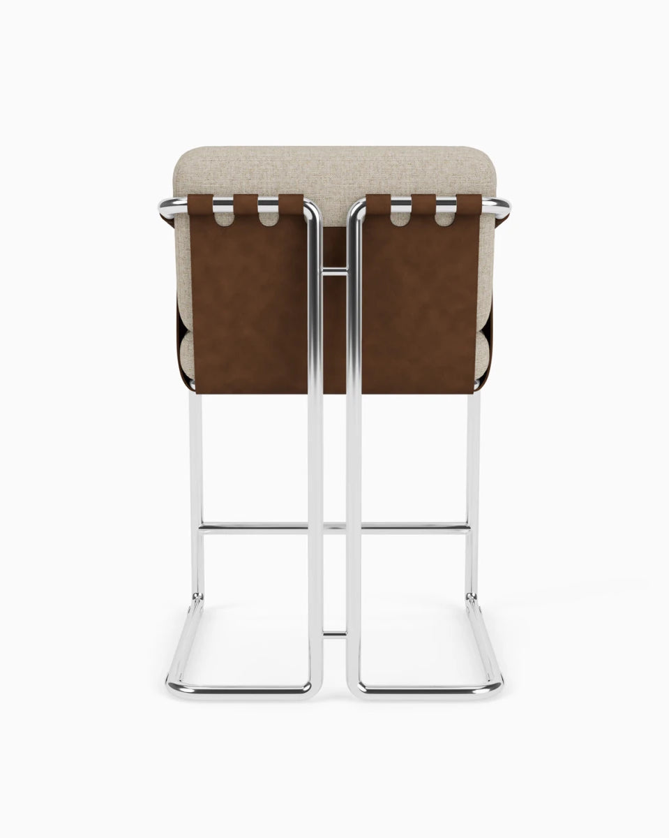 Flax Linen Seat / Chestnut Leather Sling / Polished Steel / Counter (24.5" Height)