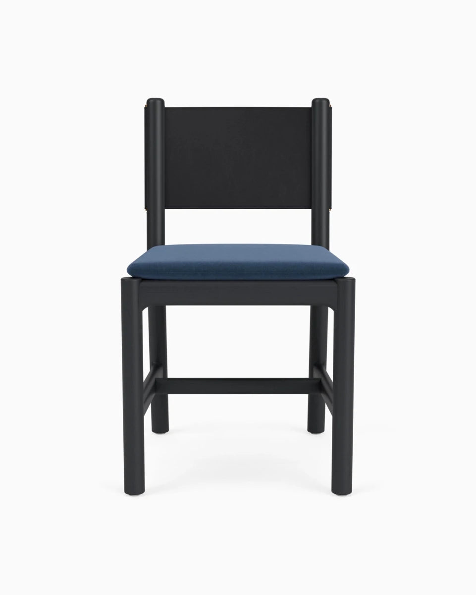 Denim Velvet Seat / Black Leather Back / Ebony Oak Frame