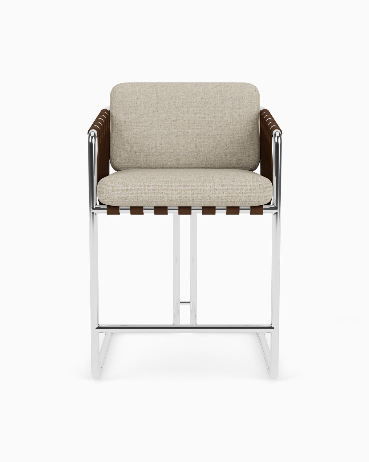 Flax Linen Seat / Chestnut Leather Sling / Polished Steel / Counter (24.5" Height)