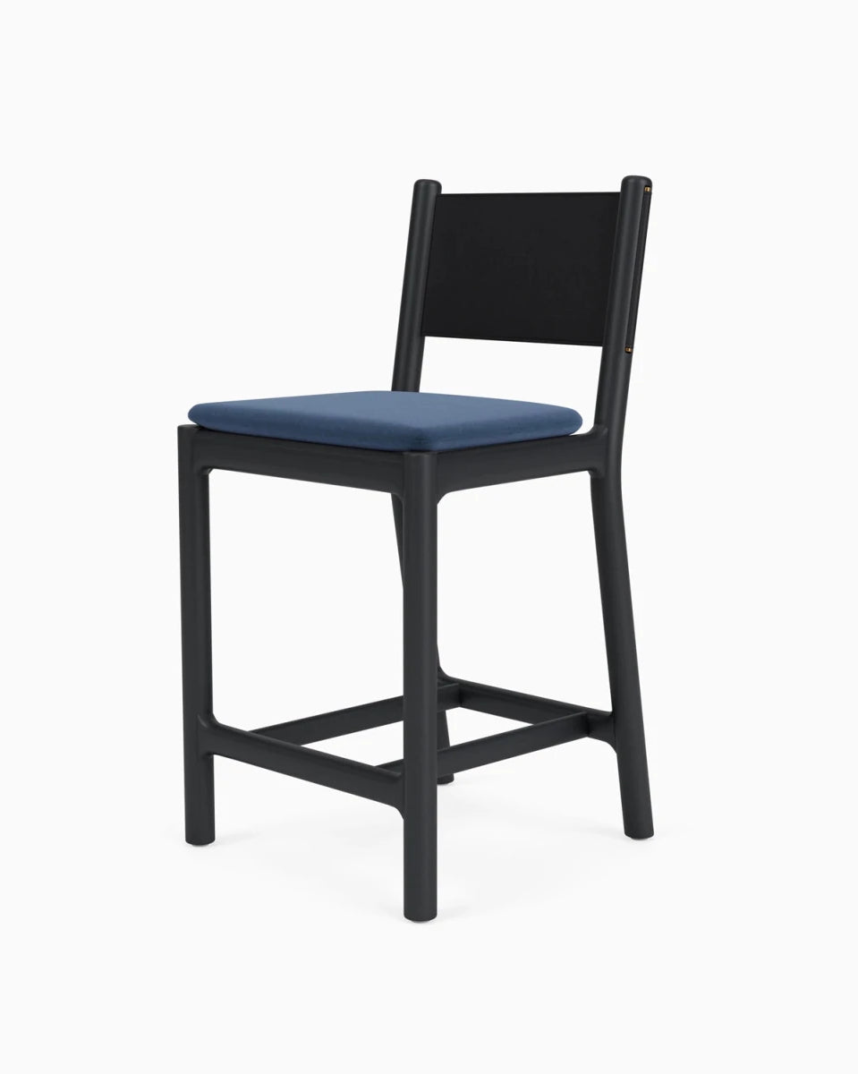 Denim Velvet Seat / Black Leather Back / Ebony Oak Frame