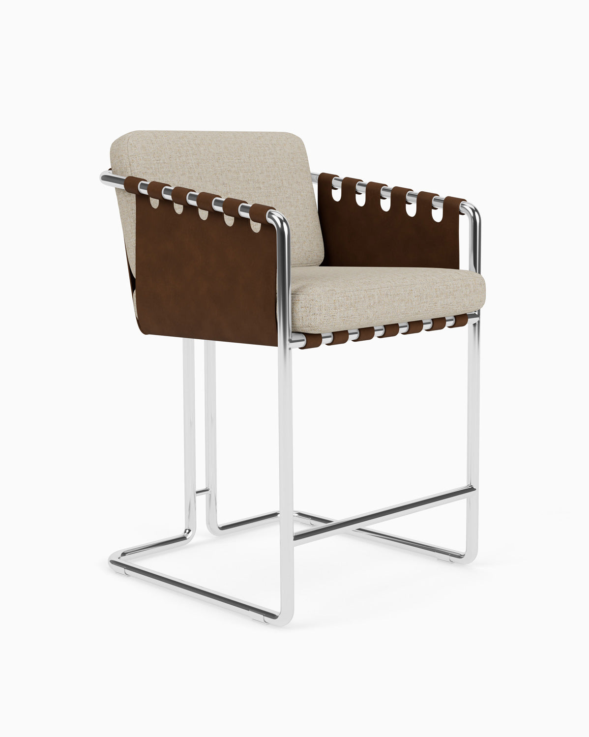 Flax Linen Seat / Chestnut Leather Sling / Polished Steel / Counter (24.5" Height)