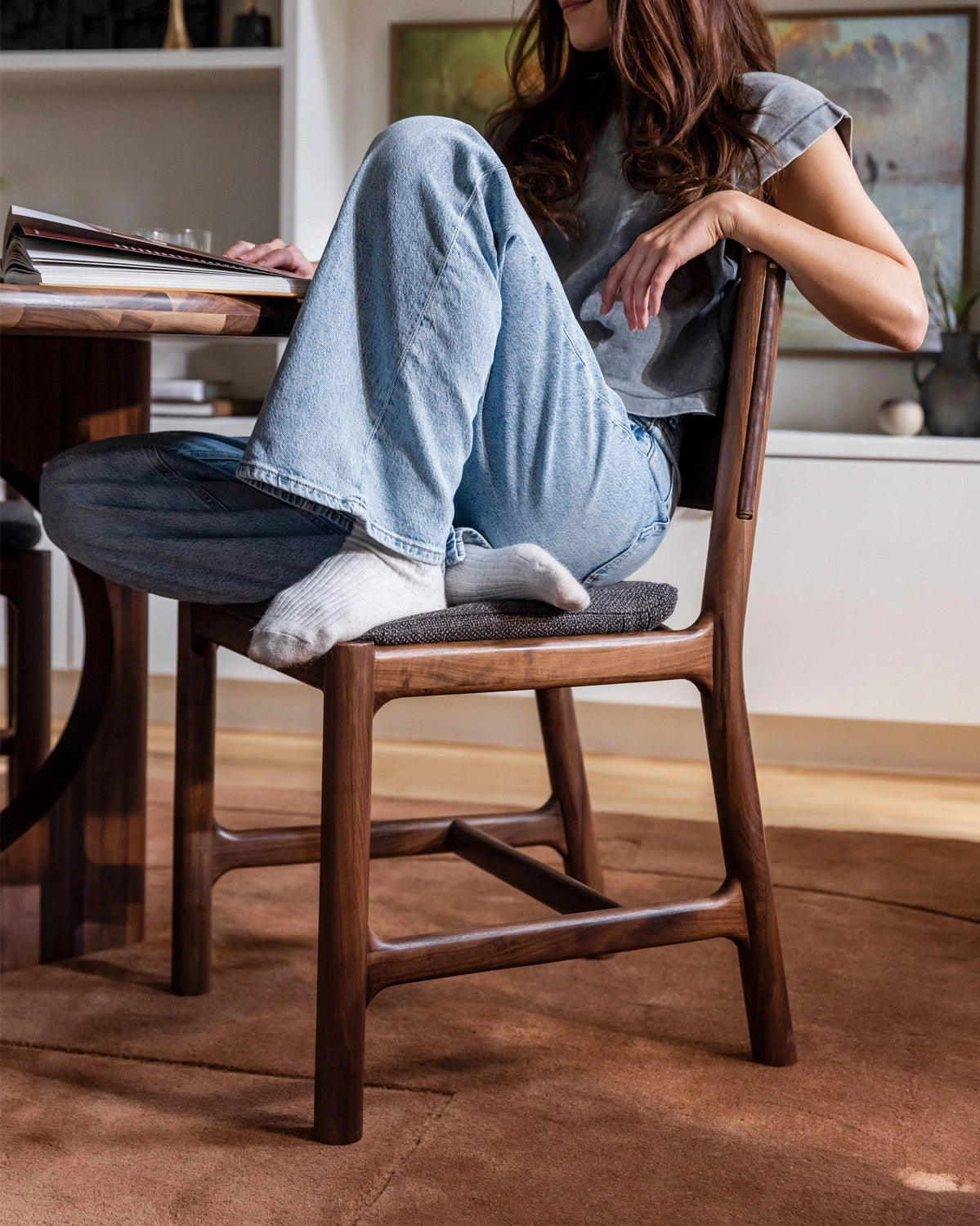 Ember Grey Seat / Maple Brown Leather Back / Walnut Frame