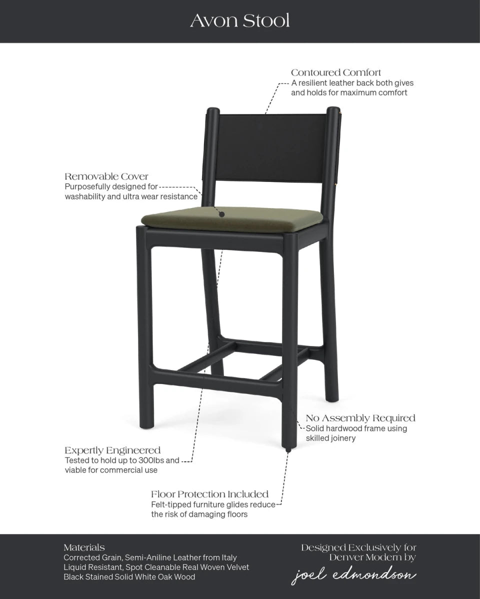 Balsam Velvet Seat / Black Leather Back / Ebony Oak Frame / Counter (26" Height)