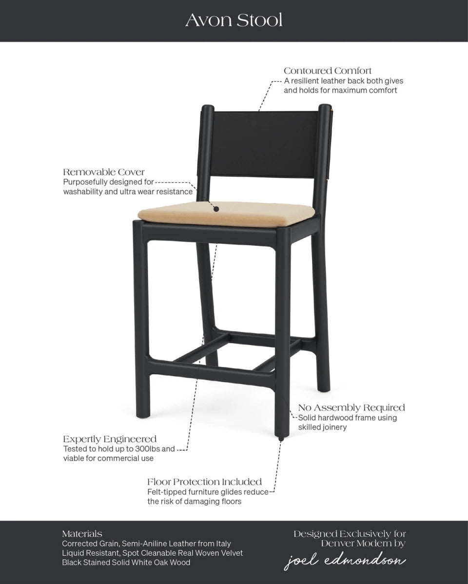 Caramel Velvet Seat / Black Leather Back / Ebony Oak Frame / Counter (26" Height)