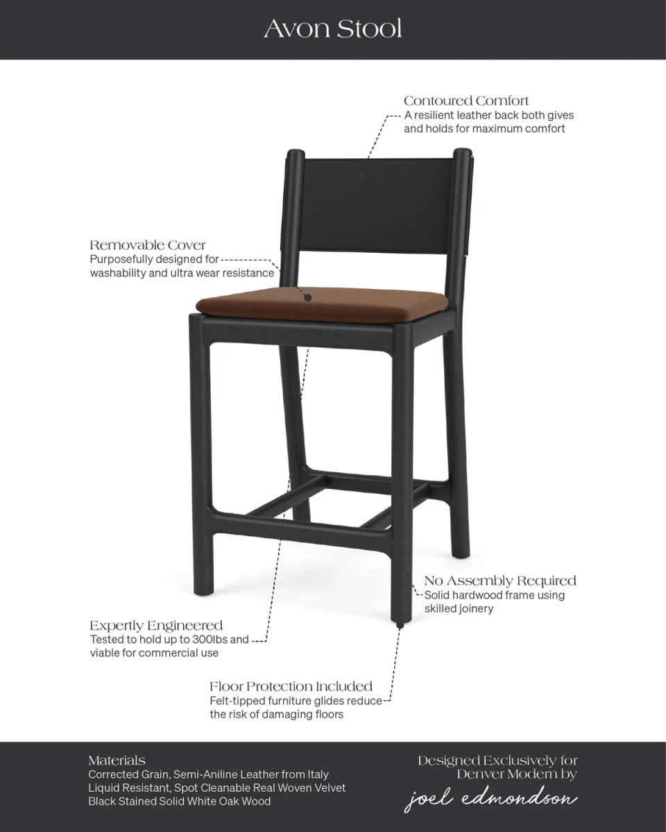 Cognac Velvet Seat / Black Leather Back / Ebony Oak Frame / Counter (26" Height)