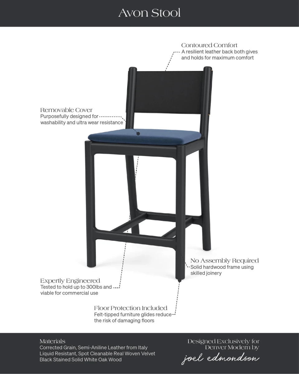 Denim Velvet Seat / Black Leather Back / Ebony Oak Frame / Counter (26" Height)