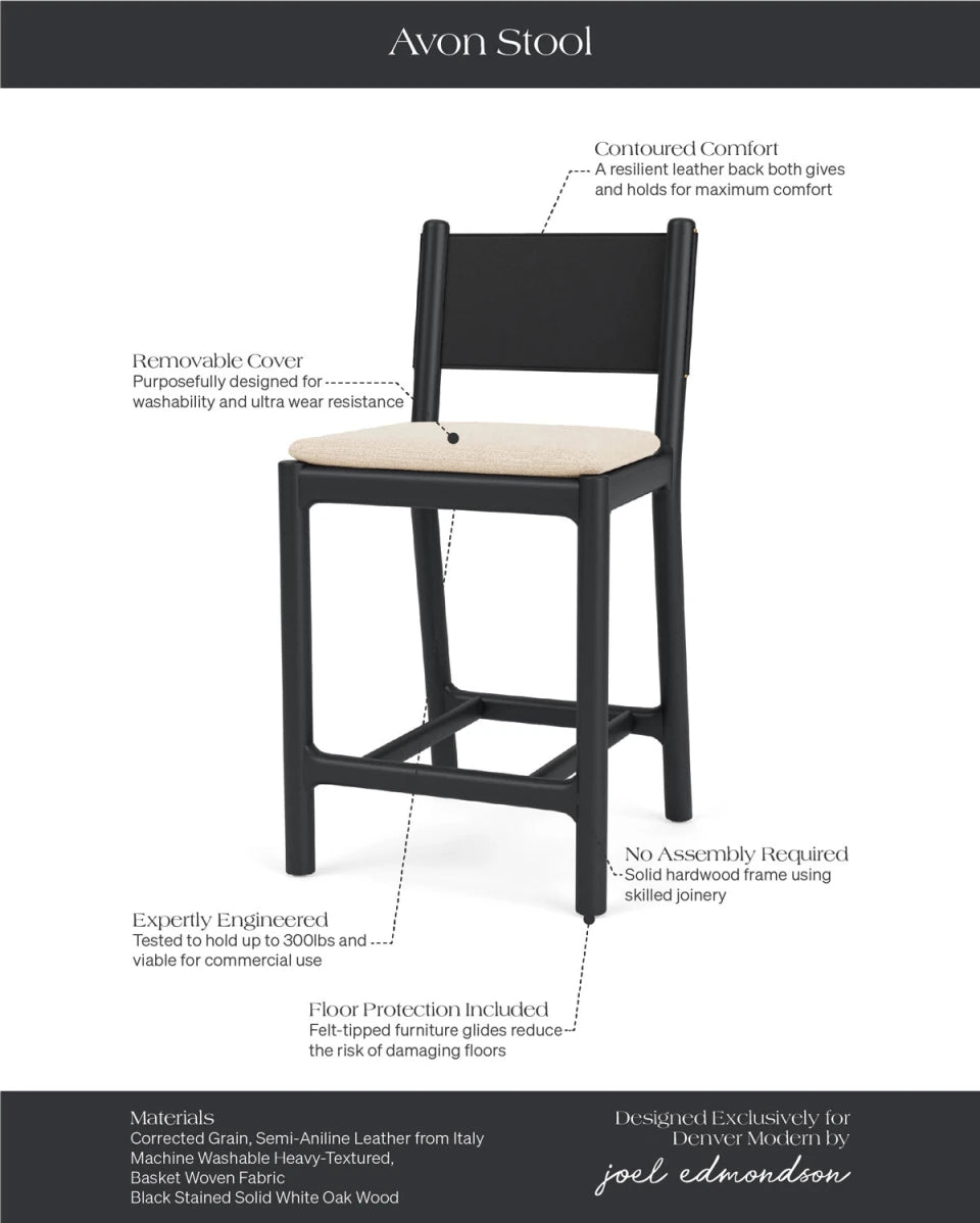 Oat Woven Seat / Black Leather Back / Ebony Oak Frame / Counter (26" Height)