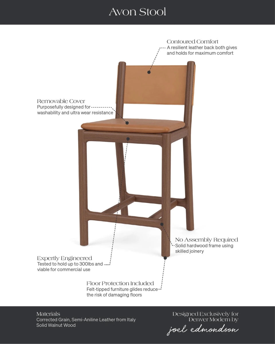 Saddle Leather Seat / Saddle Leather Back / Walnut Frame / Counter (26" Height)