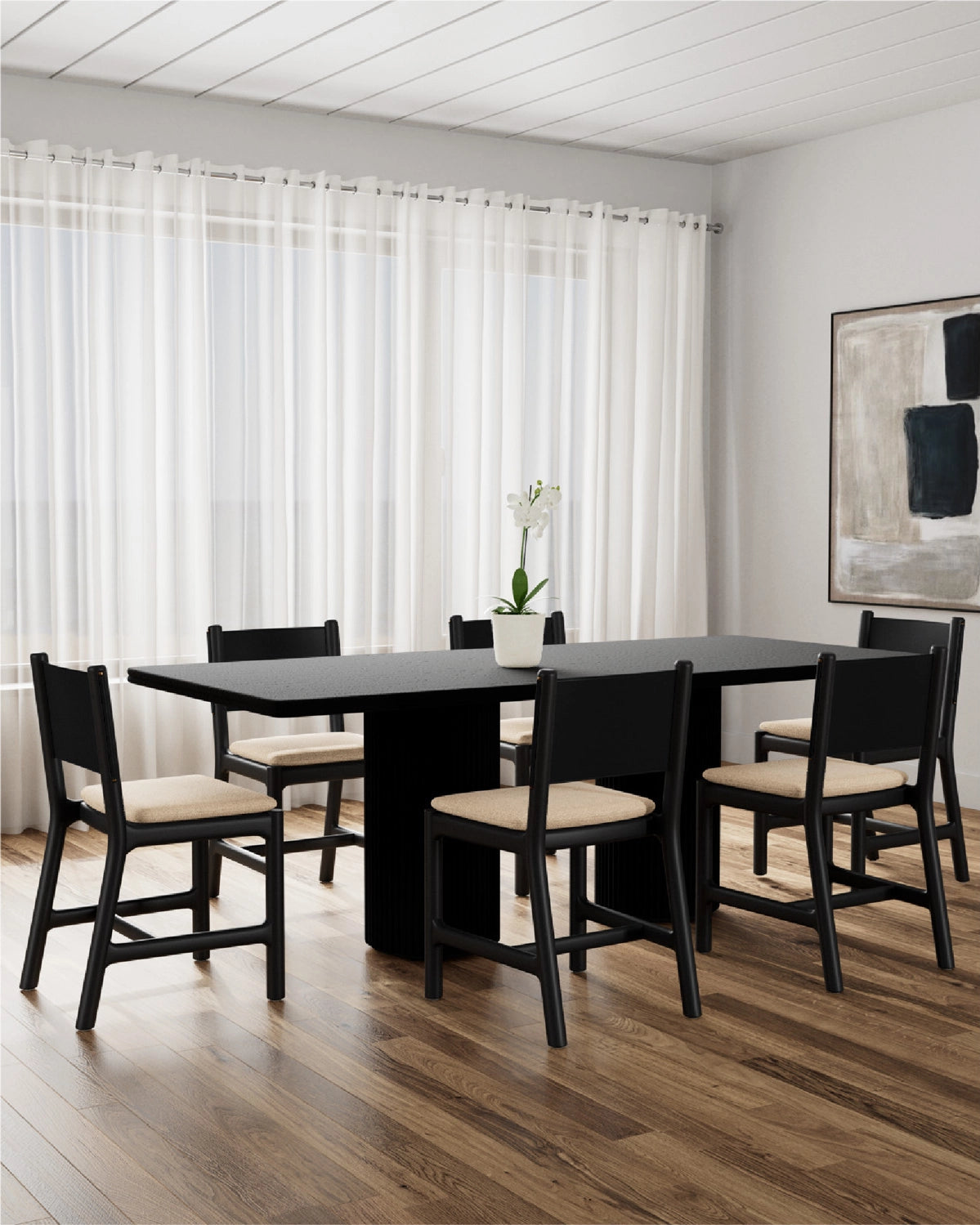 Oat Woven Seat / Black Leather Back / Ebony Oak Frame