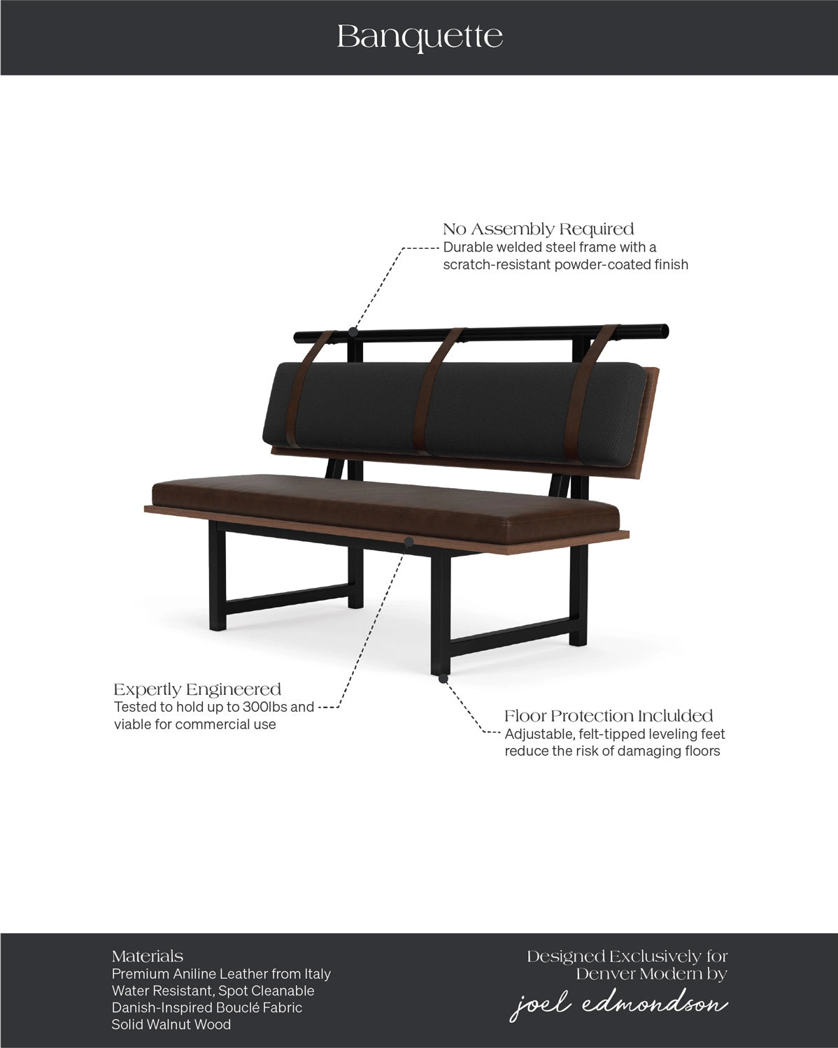 Charcoal Boucle / Maple Brown Leather / Walnut Deck / 60" Long