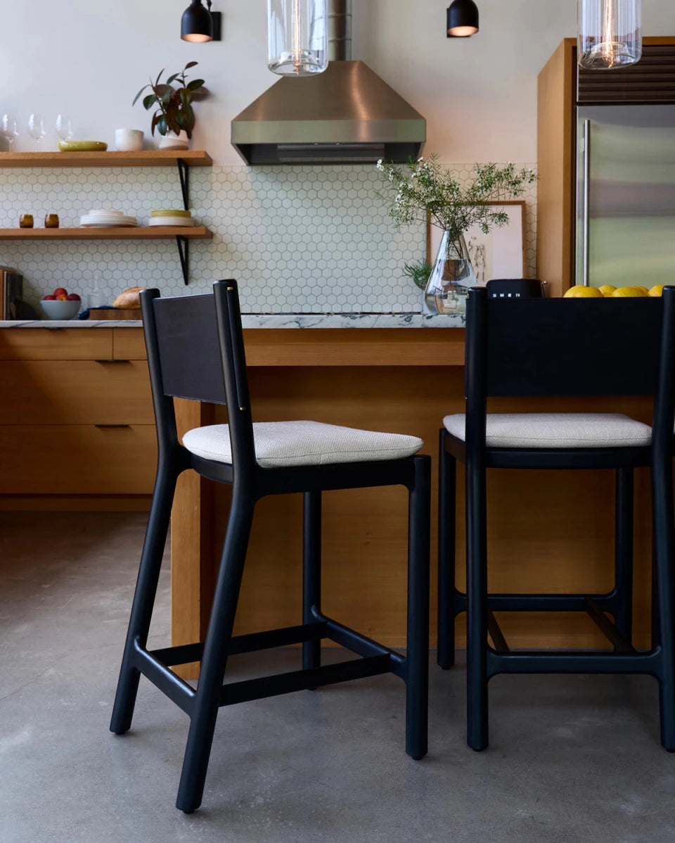 Oat Woven Seat / Black Leather Back / Ebony Oak Frame / Counter (26" Height)