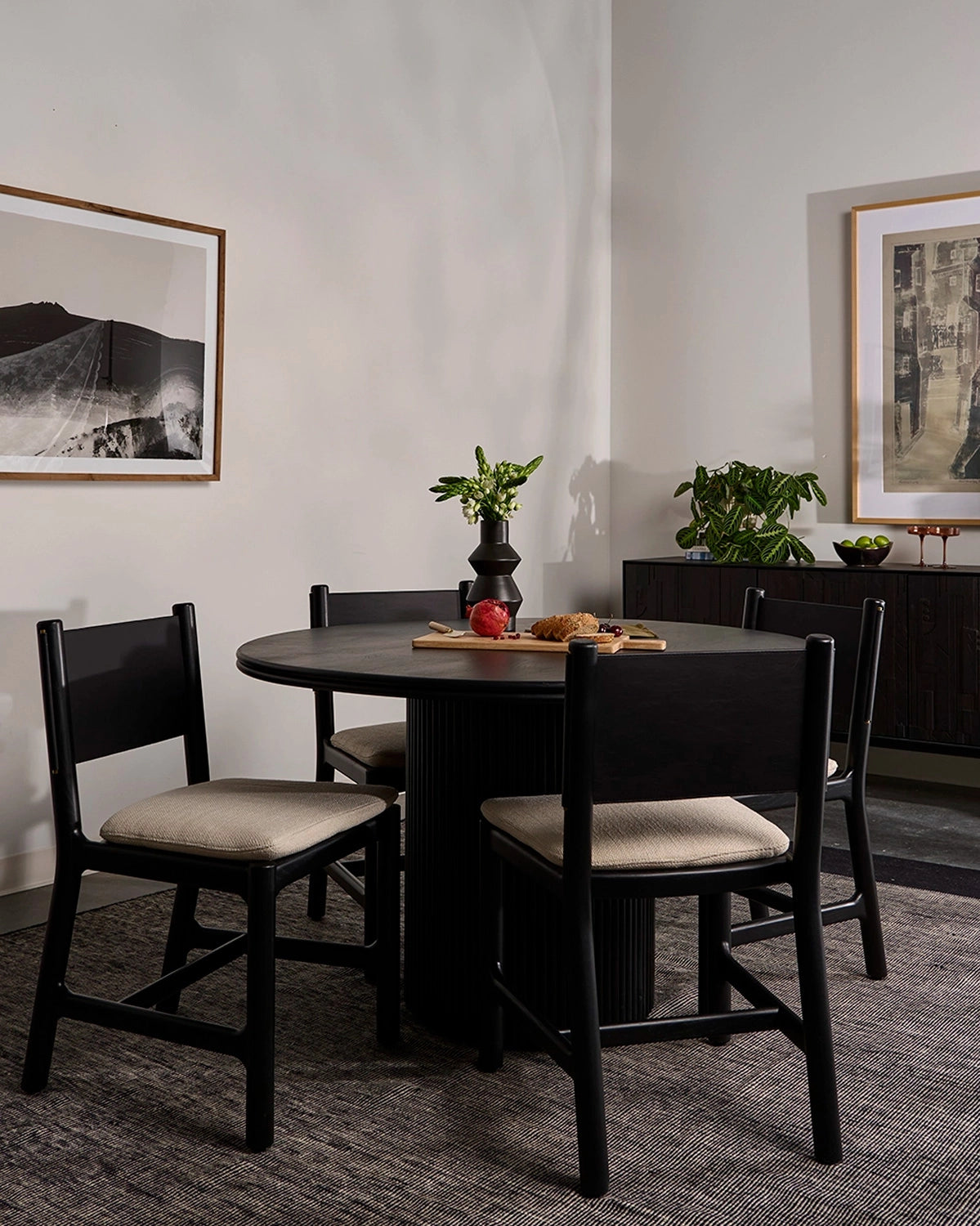 Oat Woven Seat / Black Leather Back / Ebony Oak Frame