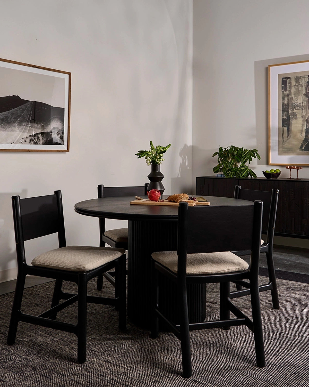 Oat Woven Seat / Black Leather Back / Ebony Oak Frame