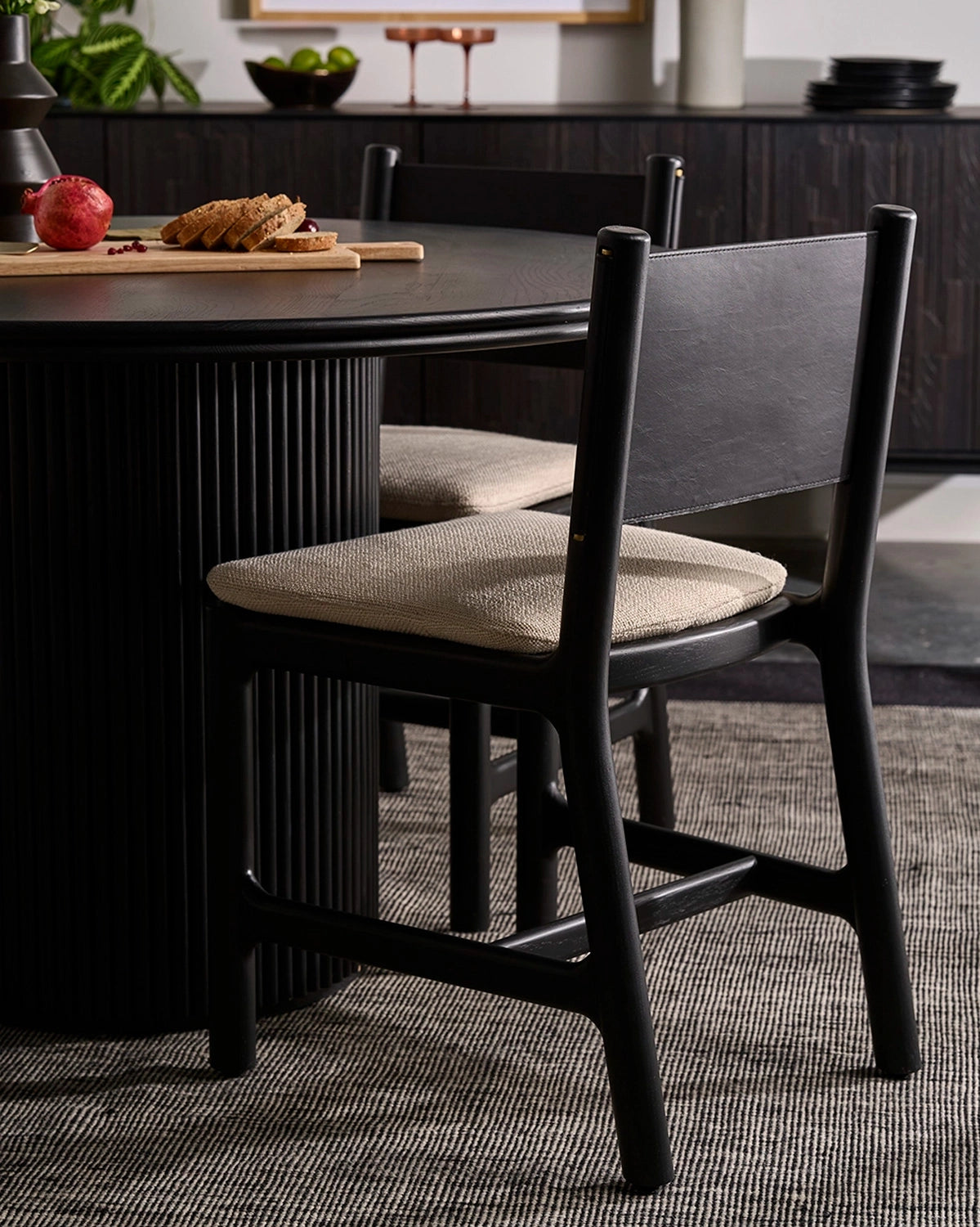 Oat Woven Seat / Black Leather Back / Ebony Oak Frame