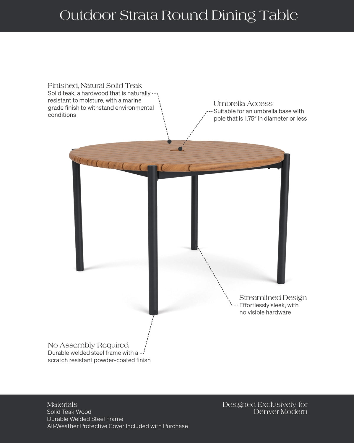 Teak / 48" round | Seats 4