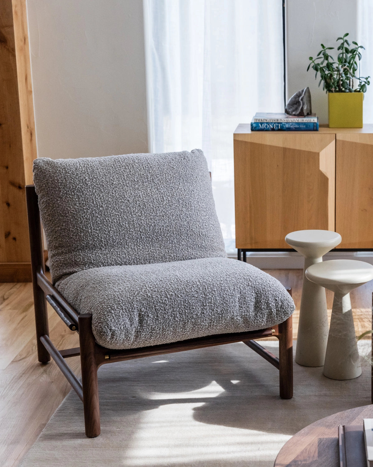 Stone Boucle / Maple Brown Leather / Walnut