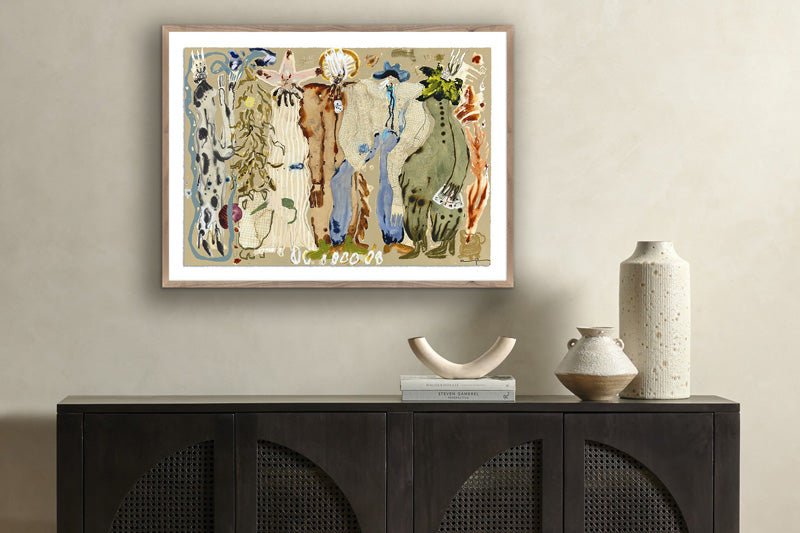 Framed abstract painting displayed above a dark wood credenza with modern ceramic vases, styled as part of Denver Modern’s Wall Art collection for contemporary home interiors.