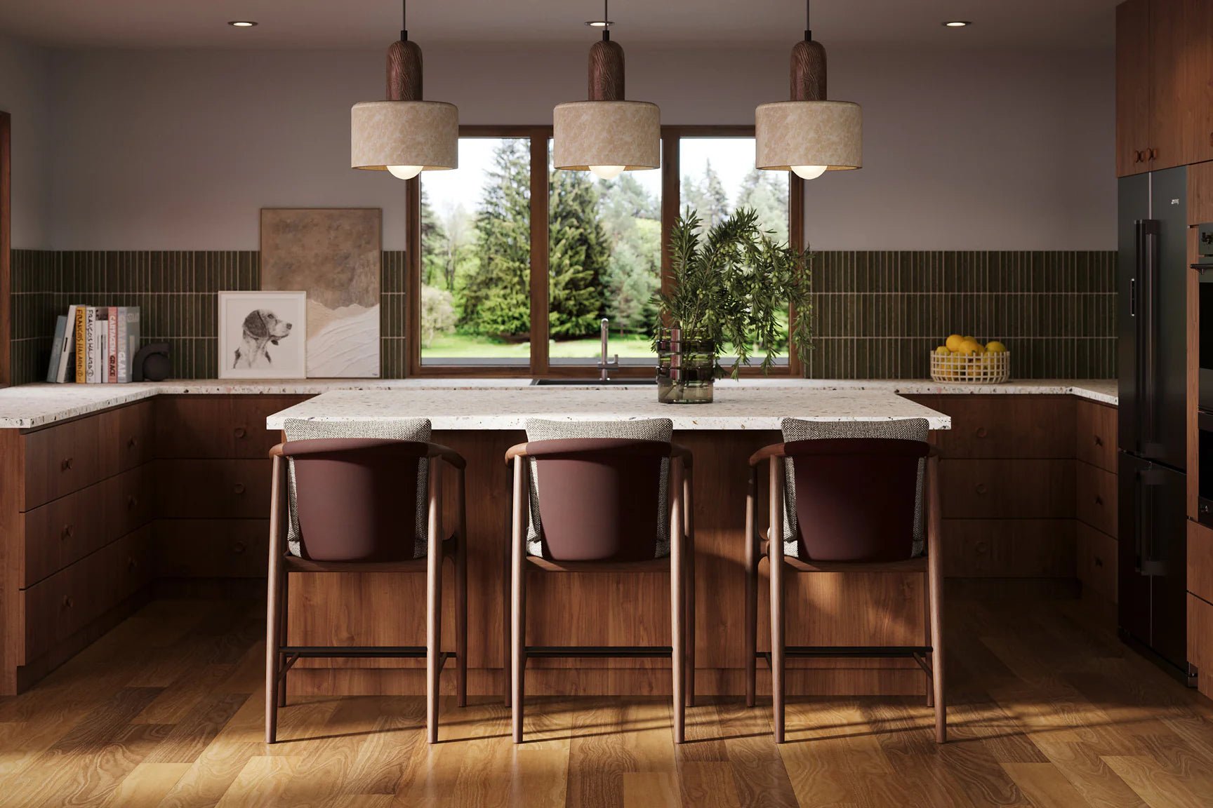 Modern kitchen interior with a wood island, three leather counter stools, and pendant lighting, styled with warm finishes as part of Denver Modern’s Winter Collection.