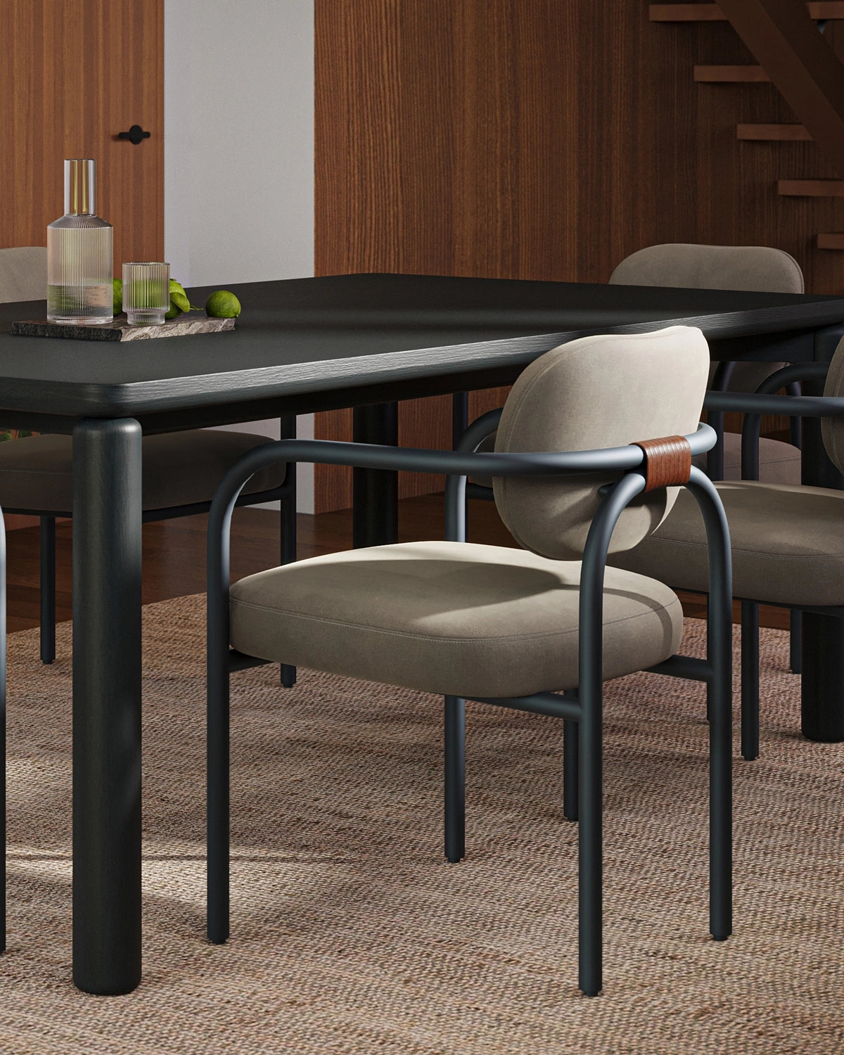 Arches Dining Chairs with upholstered seats and curved metal frames paired with a wood dining table