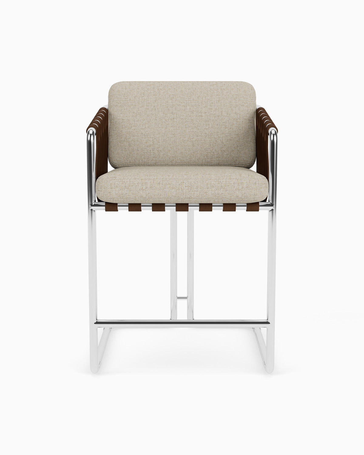 Flax Linen Seat / Chestnut Leather Sling / Polished Steel / Counter (24.5" Height)