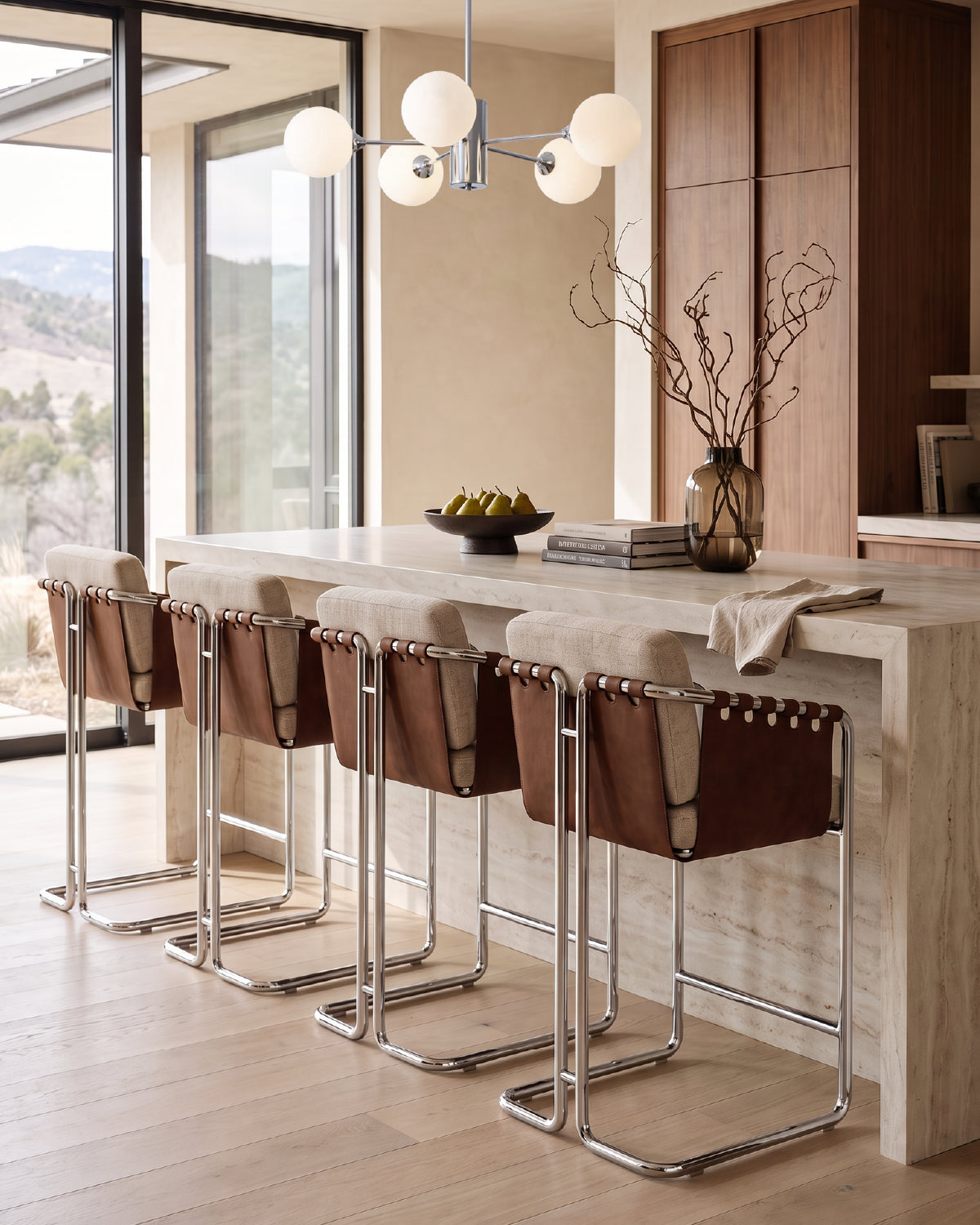 Flax Linen Seat / Chestnut Leather Sling / Polished Steel / Counter (24.5" Height)