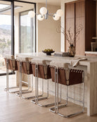 Flax Linen Seat / Chestnut Leather Sling / Polished Steel / Counter (24.5" Height)