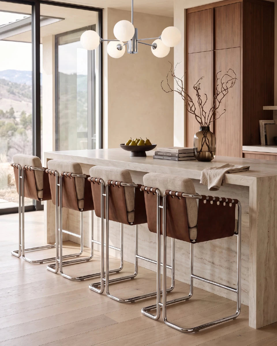 Flax Linen Seat / Chestnut Leather Sling / Polished Steel / Counter (24.5" Height)