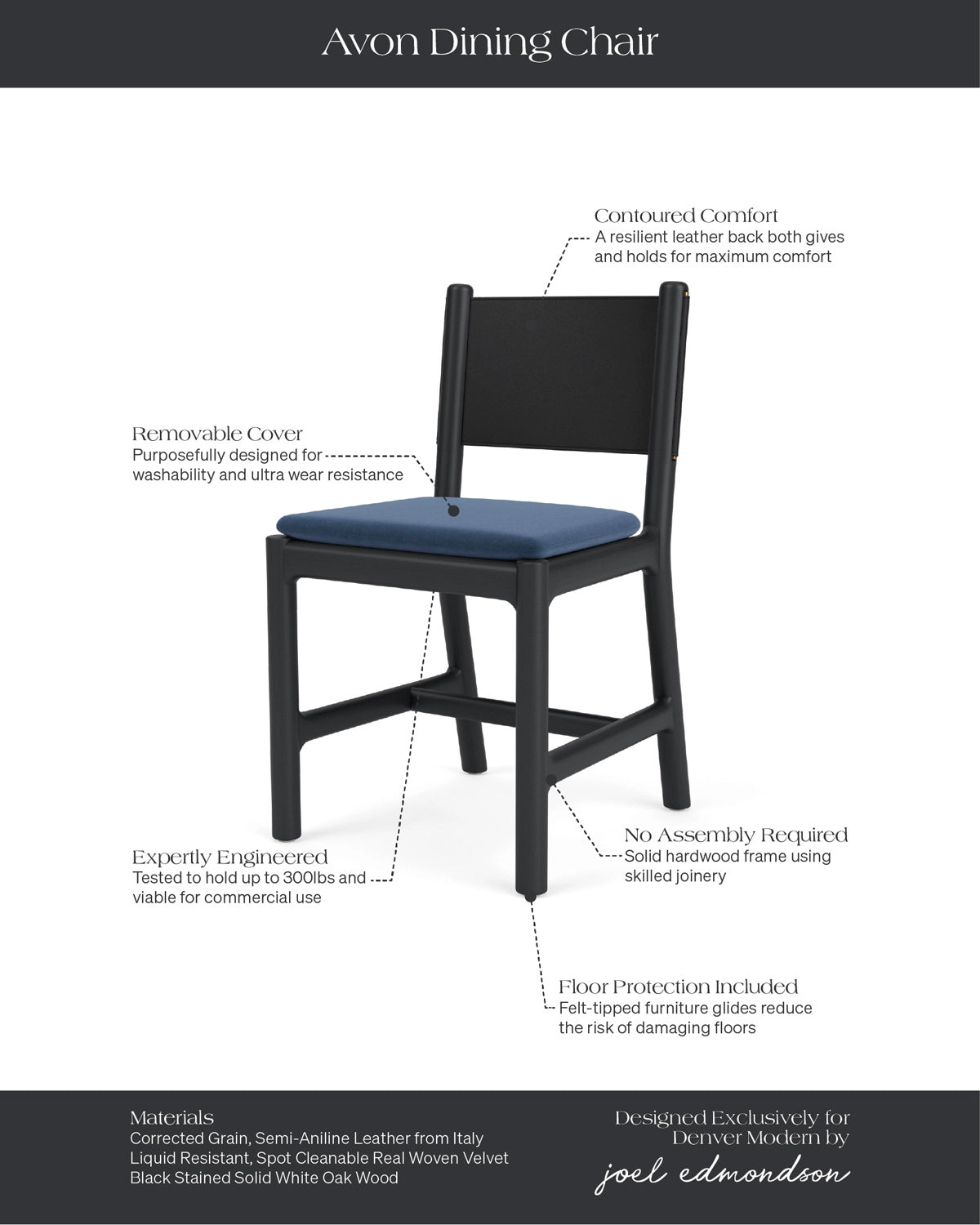 Denim Velvet Seat / Black Leather Back / Ebony Oak Frame