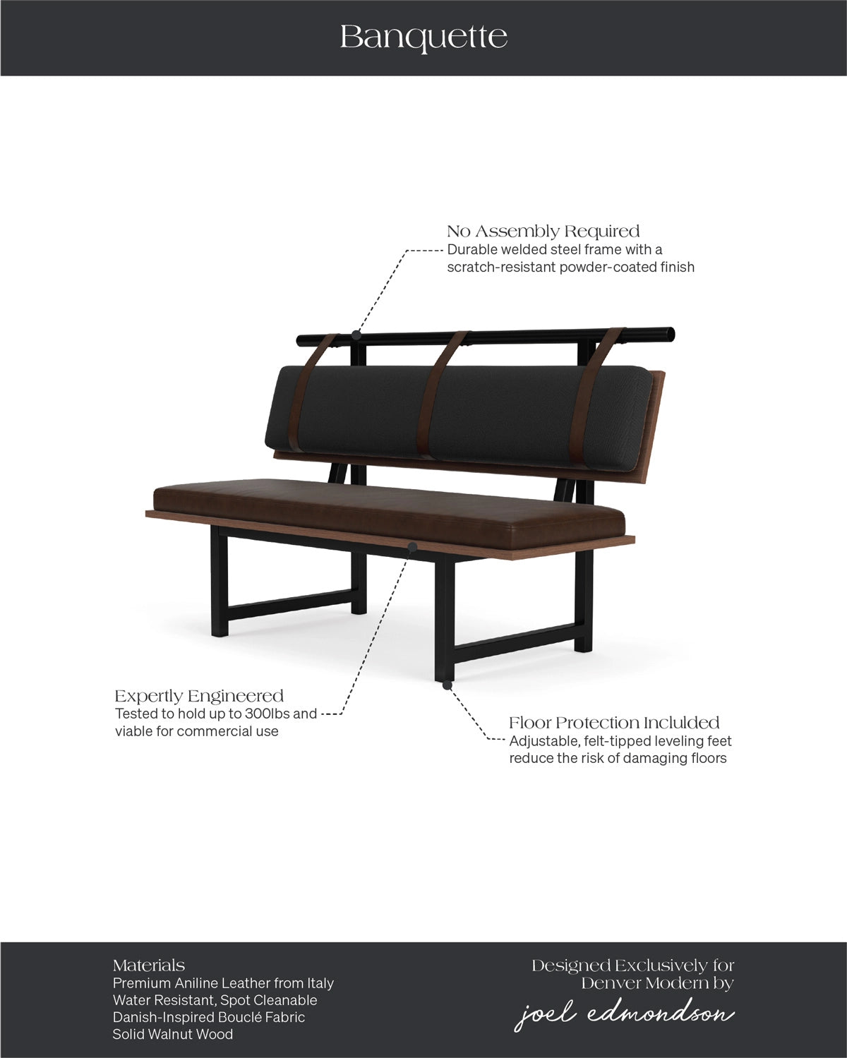 Charcoal Boucle / Maple Brown Leather / Walnut Deck / 60" Long