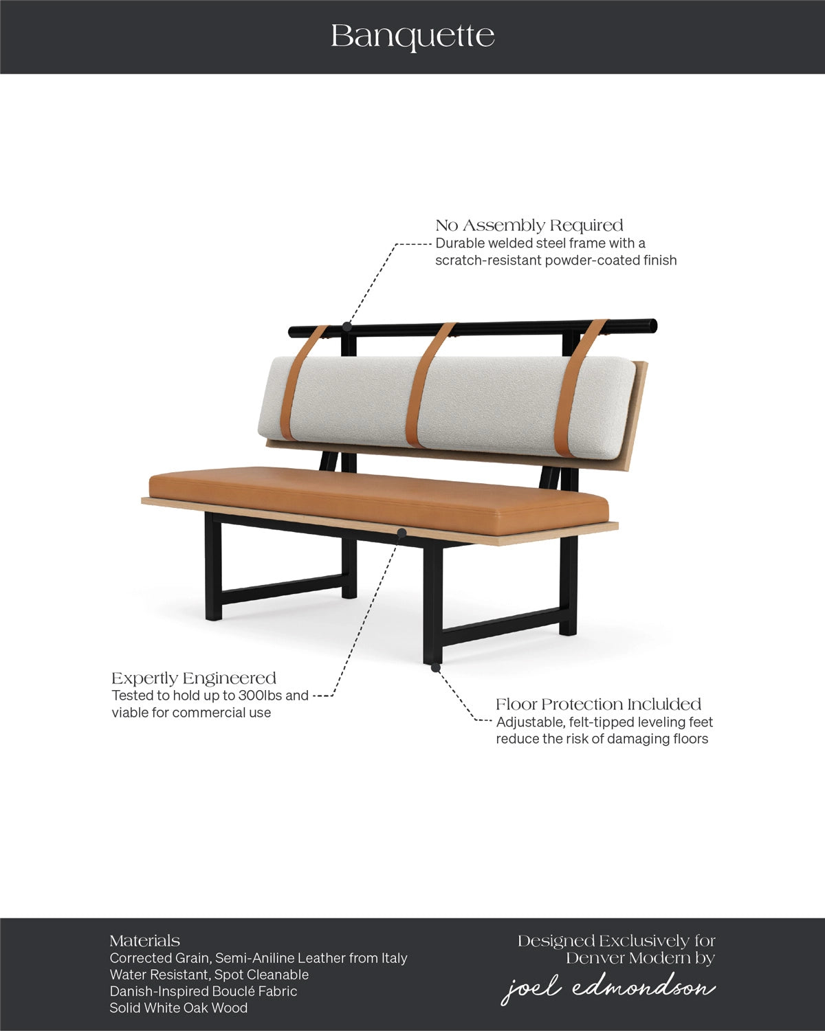 White Boucle / Saddle Leather / White Oak Deck / 60" Long