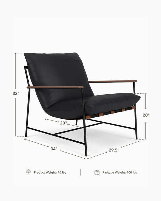 a black chair with measurements