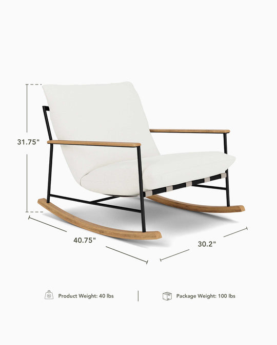 a white rocking chair with measurements