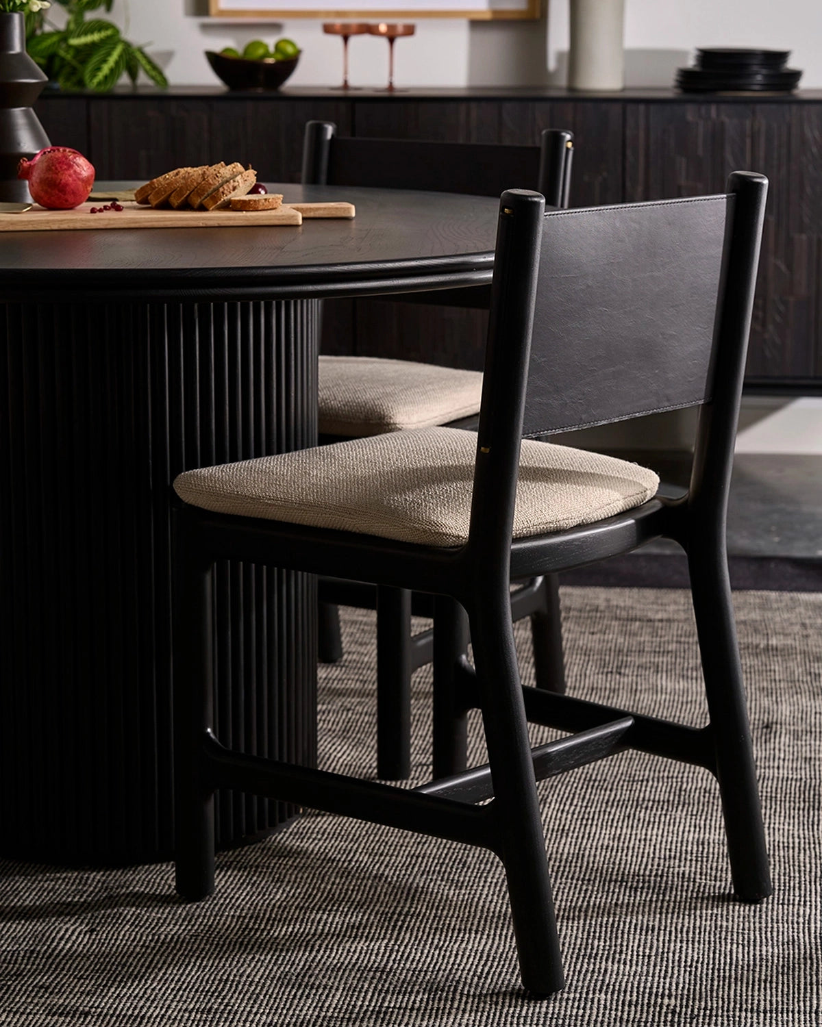 Oat Woven Seat / Black Leather Back / Ebony Oak Frame