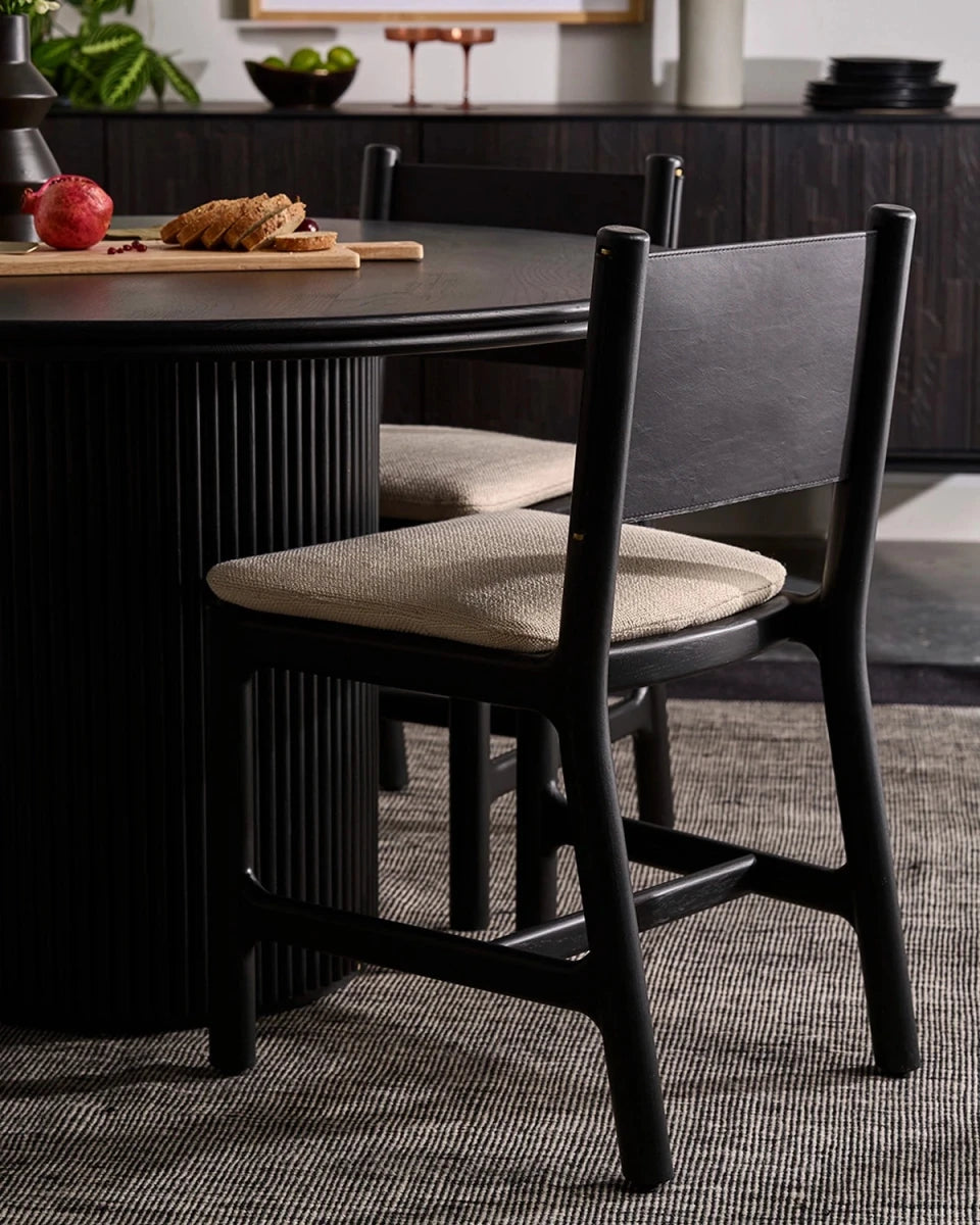 Oat Woven Seat / Black Leather Back / Ebony Oak Frame