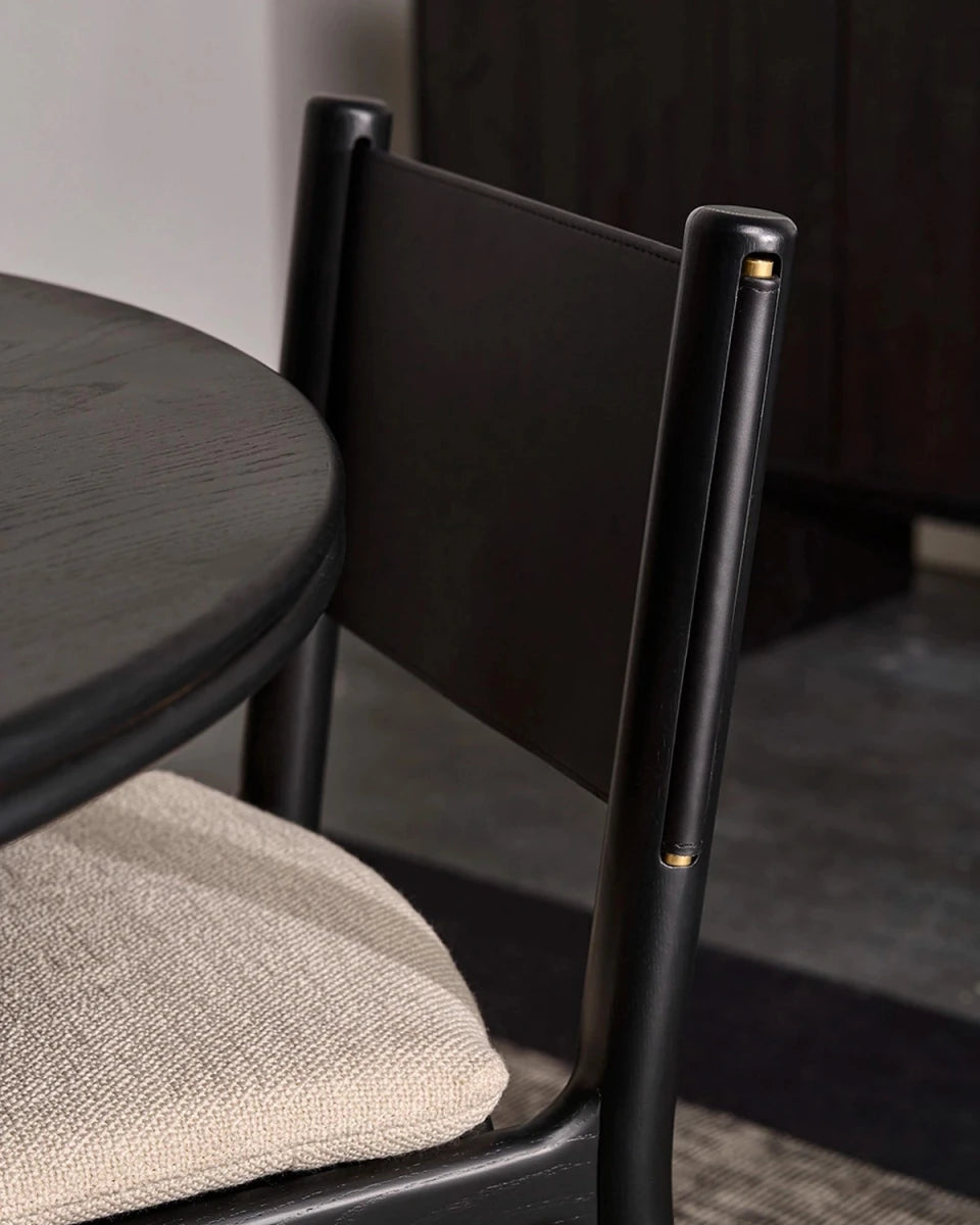 Oat Woven Seat / Black Leather Back / Ebony Oak Frame