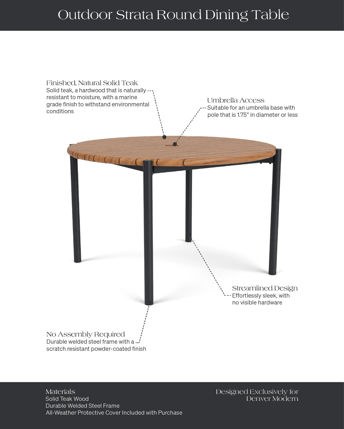 Teak / 48" round | Seats 4