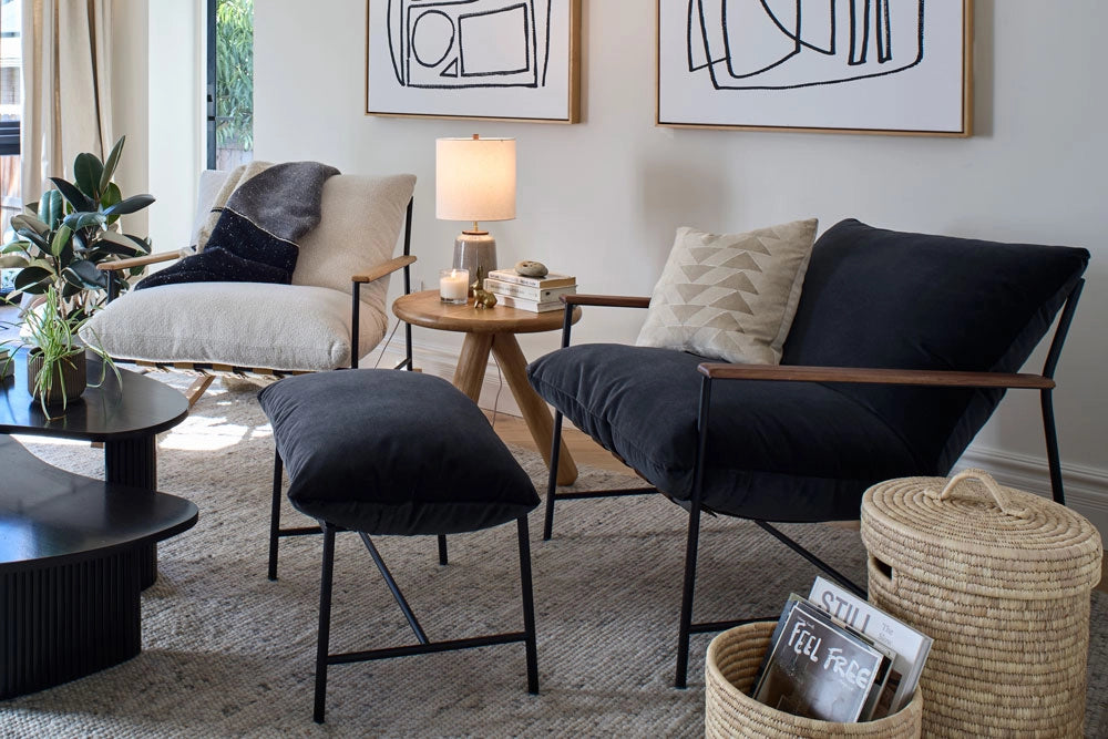 Vail Ottoman in a living room with the Vail lounge Chair