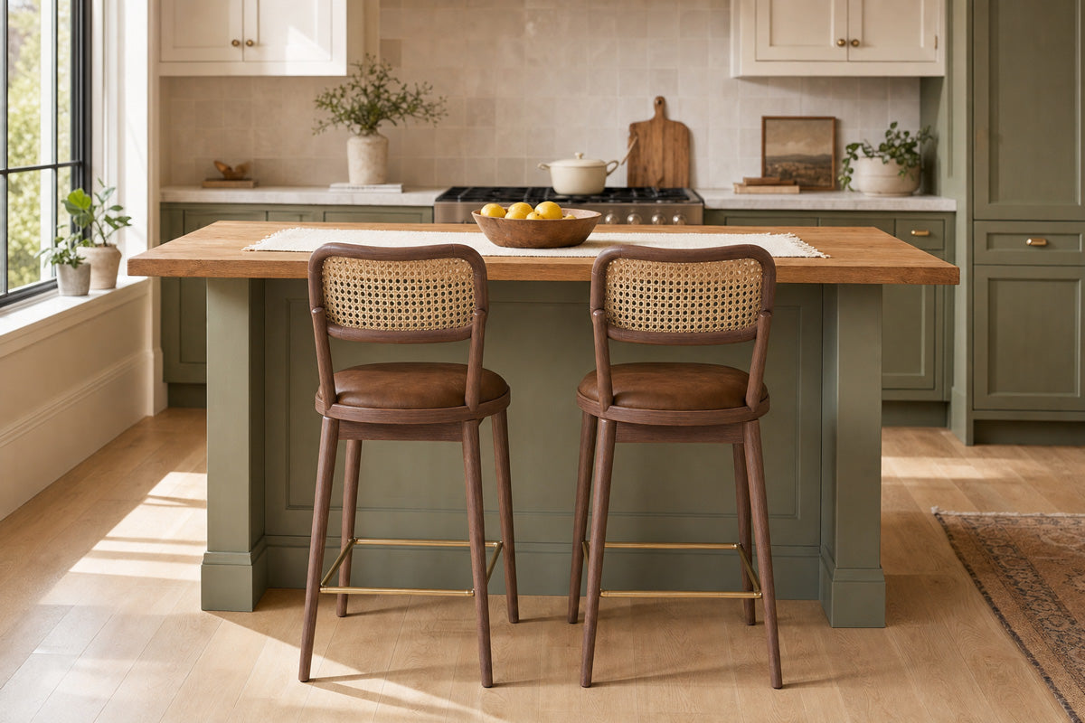 Alma Swivel Counter Stools with cane backs, brown leather seats, and brass footrests at a sage kitchen island.