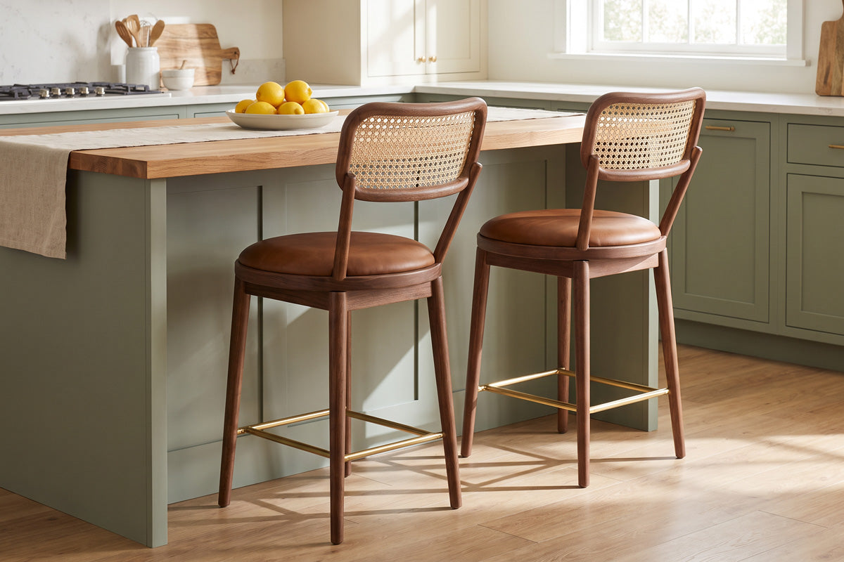 Alma Swivel Counter Stools with cane backs, brown leather seats, and brass footrests at a sage kitchen island.
