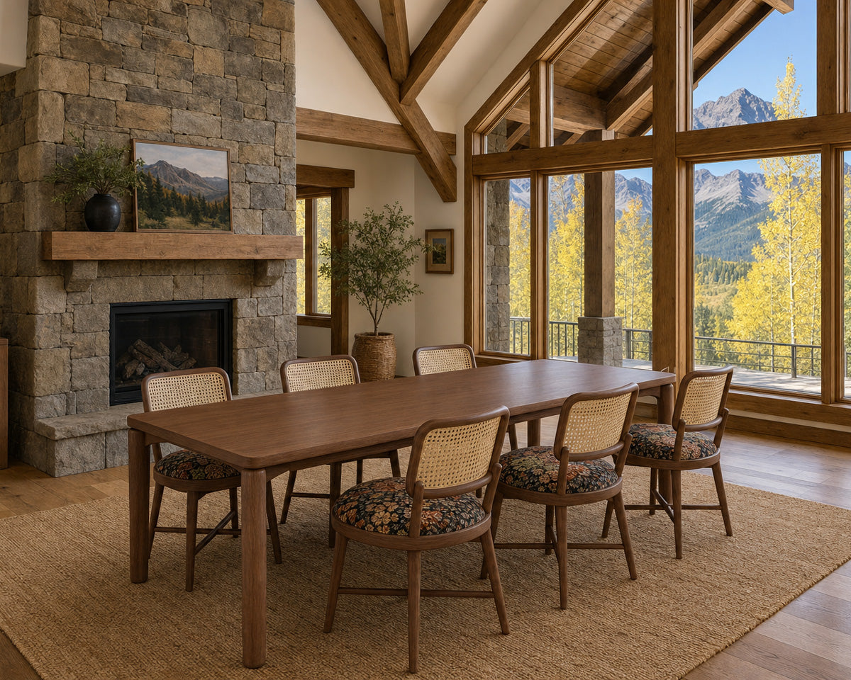 A rustic dining room set featuring a long wooden dining table and six matching chairs with woven cane backs and floral-patterned seat cushions, set on a large jute rug in a mountain-view lodge interior.
