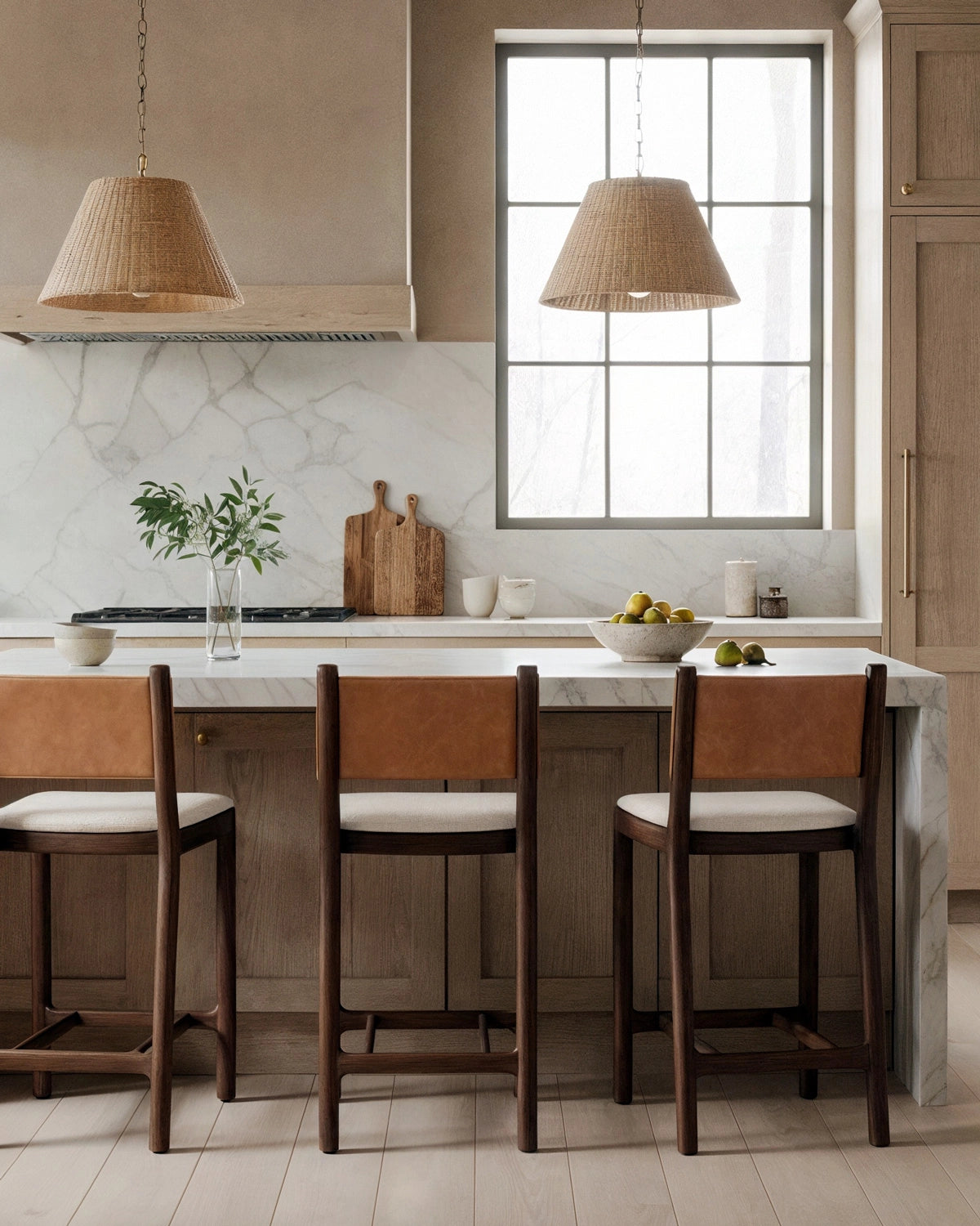 Oat Woven Seat / Saddle Leather Back / Walnut Frame