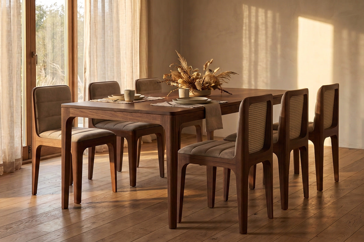 A dark brown wooden dining table with six matching chairs featuring woven cane backs, set in a warm, sunlit room with wood floors and neutral walls.