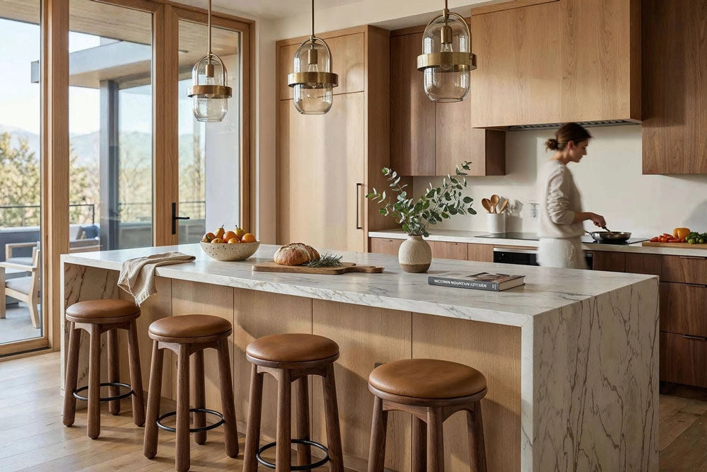 Modern kitchen with marble island, with the Eve Swivel Stools, and a person cooking.