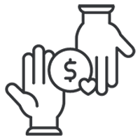 Financing icon depicting a hand holding a coin with a dollar symbol inside, symbolizing payment, funding, or financial support.