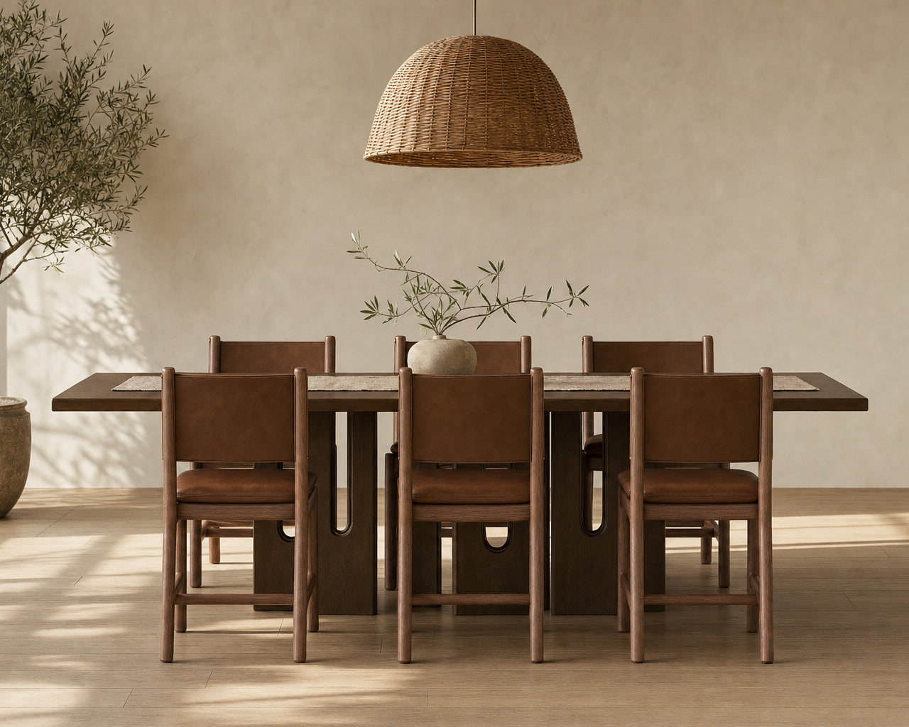 A modern dining set featuring a dark wood rectangular table and six matching chairs with brown leather upholstery, styled in a warm, minimalist dining room under a woven pendant light.