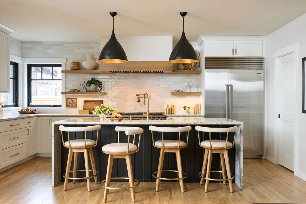 Modern kitchen with black island and Keystone Swivel Counter Stools